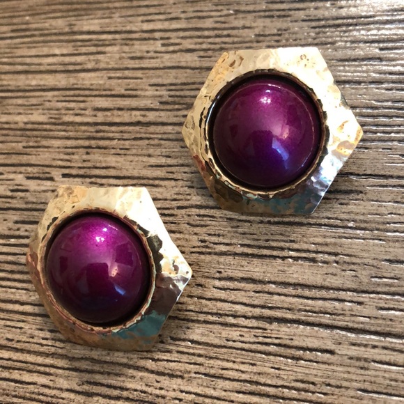Vintage Hammered Brass Hexagon Earrings with Purple Center - Picture 5 of 14